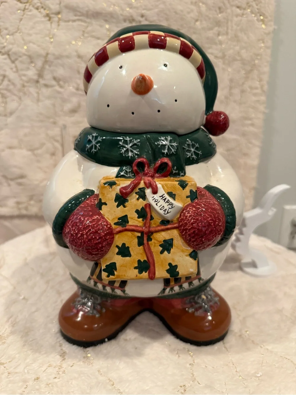 Holiday Snowman Ceramic Figurine with Green Scarf and Red Mittens